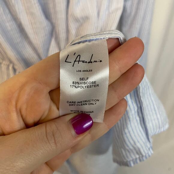 L'Academie Blue Stripe Bell Sleeve Off Shoulder Front Cut Out Tie Dress XS - Picture 5 of 6